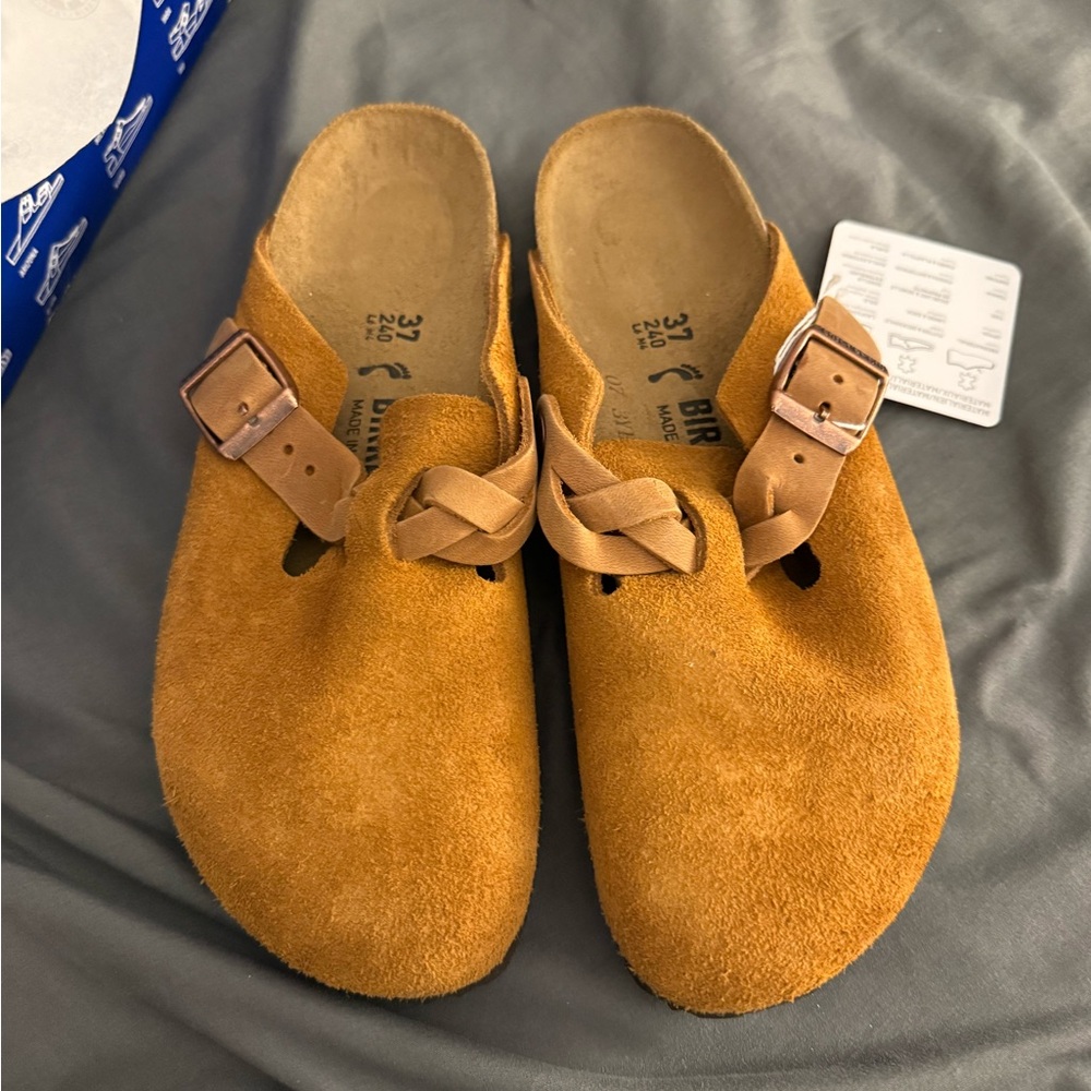 Birkenstock Tan Suede Clogs with Buckle